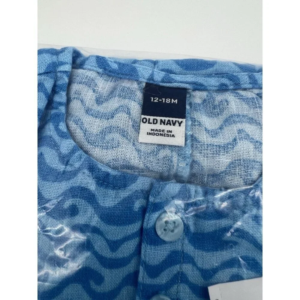 OLD NAVY Baby Romper Blue Wave Linen Blend Henley One Piece 12-18 months